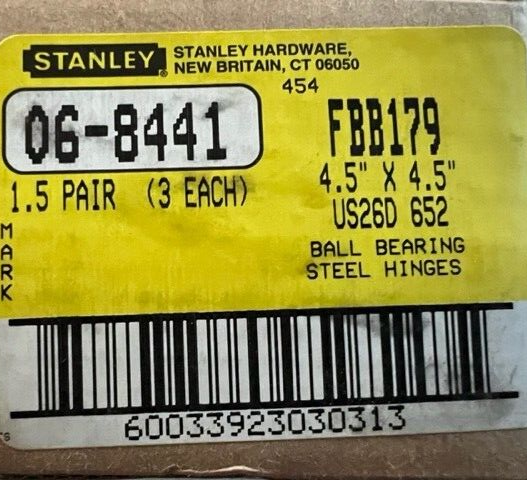 BOX OF 3 STANLEY FBB179 4 1/2" X 4 1/2" US26D AKA 06-8441 MADE IN USA W/ FASTENE