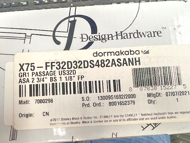 DESIGN HARDWARE X75-FF32D32D S482 ASA NH MARINE GRADE PASSAGE SET