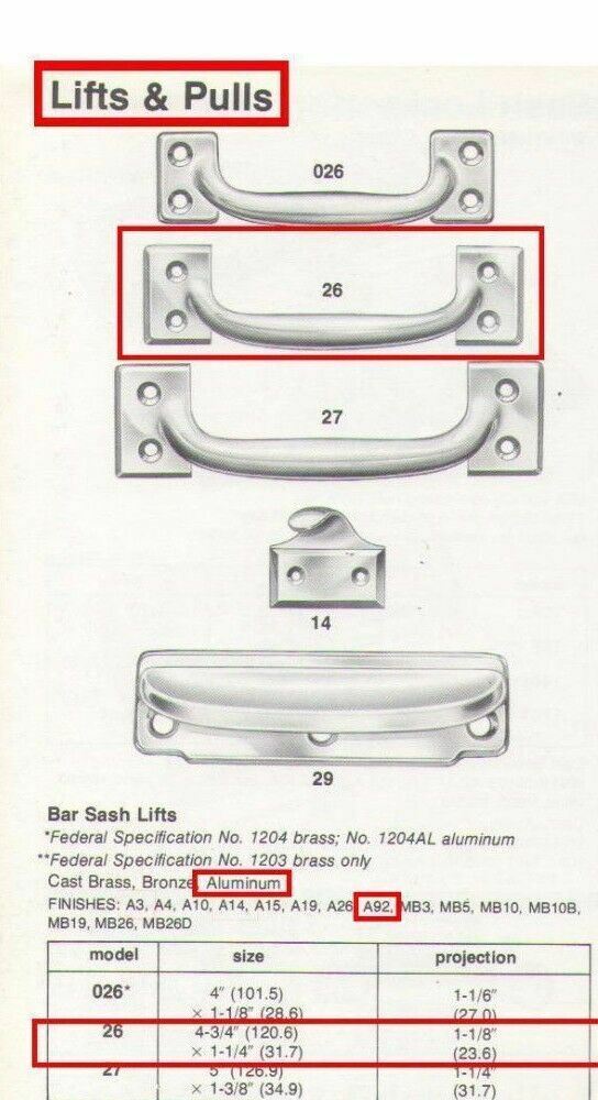 H.B. IVES 26A92 SASH LIFT DOOR PULL CAST ALUMINUM BRIGHT ALUM FINISH RESTORATION