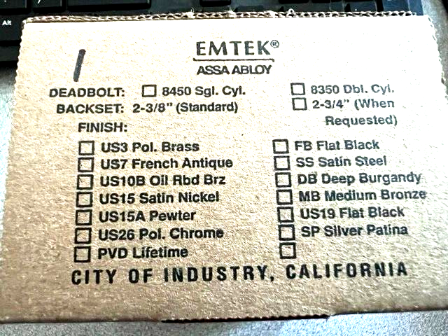 EMTEK 8455 US3 PVD POLISHED BRASS LIFETIME SINGLE CYL DEADBOLT 2 3/8"BS