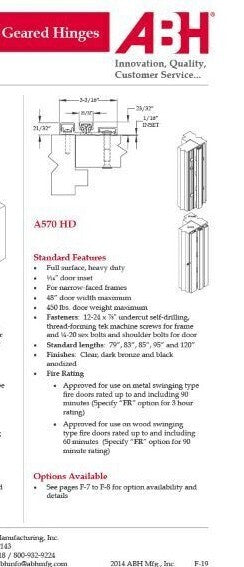 ABH A570HD 83" DURO Equal to Hager Roton 780-157HD 83" DBA  CONTINUOUS HINGE USA