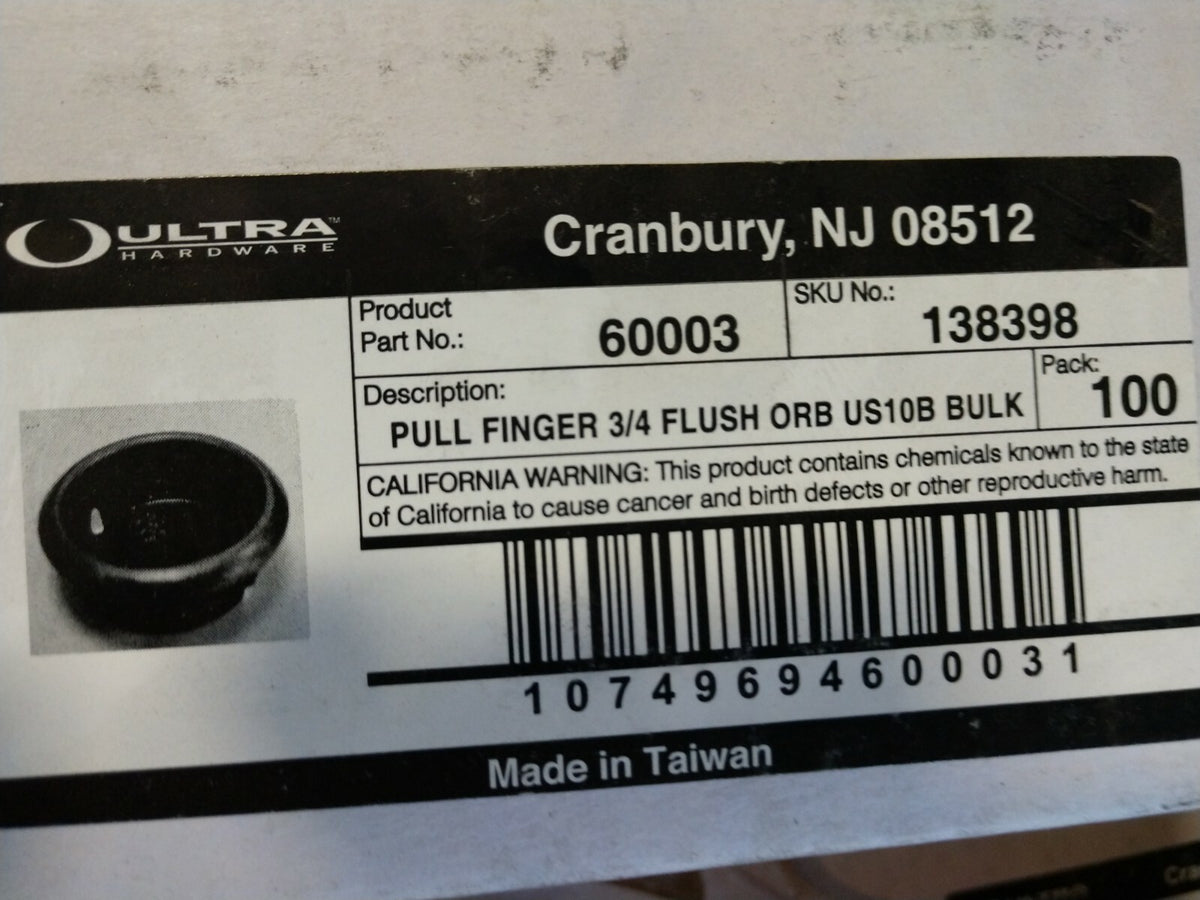 100 EACH ULTRA HARDWARE 60003 FINGER SLIDING DOOR PULL 3/4" US10B ORB
