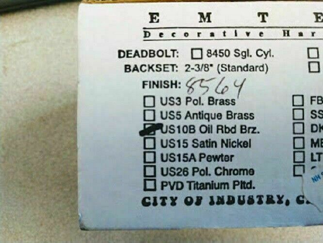 EMTEK 8564 US100B OIL RUBBED BRONZE SINGLE SIDED INTERIOR DEADBOLT X TURNPIECE