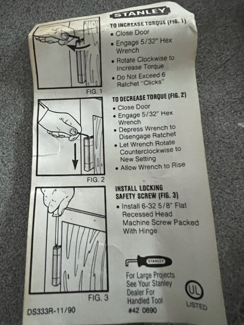 3 EACH STANLEY 2060-R-US3 4 1/2 X 4 1/2 UL SPRING CLOSING HINGE 42-0940