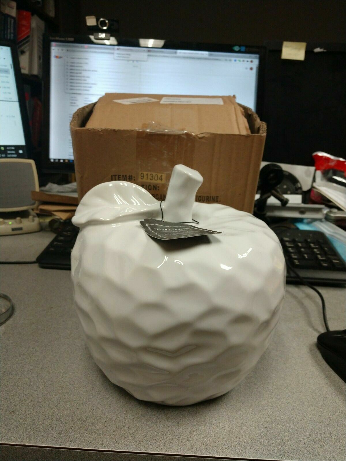 Ceramic Apple Figurine with Stem and Leaf, Dimpled Gloss White Finish, Small