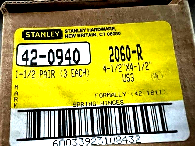 3 EACH STANLEY 2060-R-US3 4 1/2 X 4 1/2 UL SPRING CLOSING HINGE 42-0940