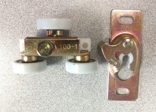 100-1 3 Wheel Pocket Hanging Door Roller Plastic Wheels w/ 100 Steel  Bracket 