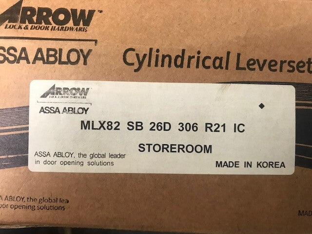 ARROW MLX82SBIC 26D STOREROOM  CYLINDRICAL DOOR LOCKSET FOR SFIC LESS CORE