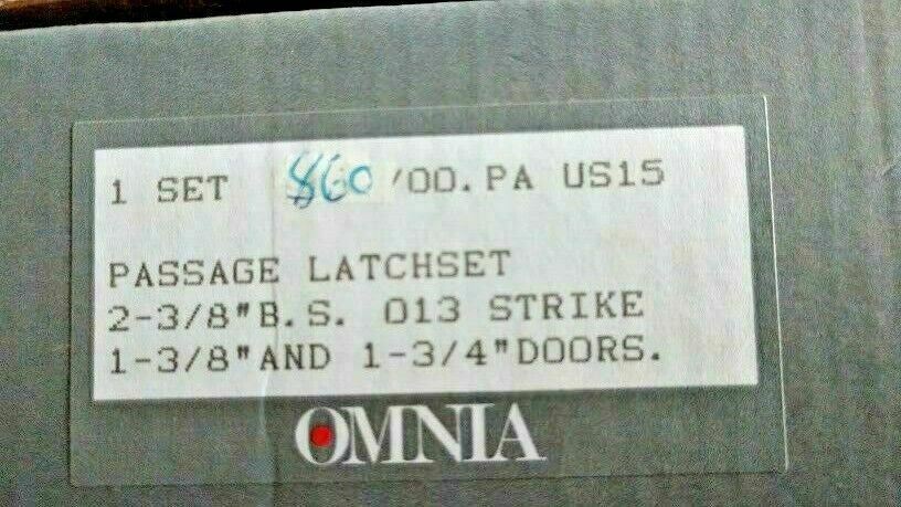 OMNIA INDUSTRIES 860/00 PA US15 PASSAGE X 2 3/8" BACKSET NOS