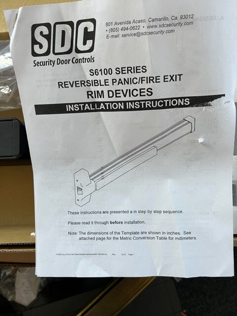 SDC HARDWARE S6100 FIRE RIM DEVICE (FOR PARTS) US10B 3'