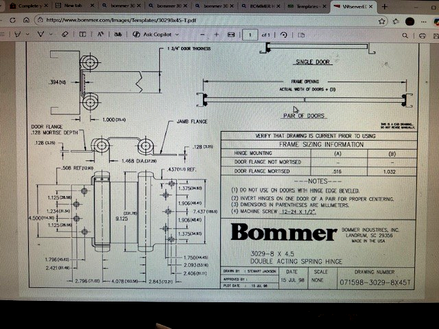 BOMMER MADE IN USA 3029 8 X 4 1/2" BMHA 603 DASH CAFE DOOR HINGE CHROME FINISH