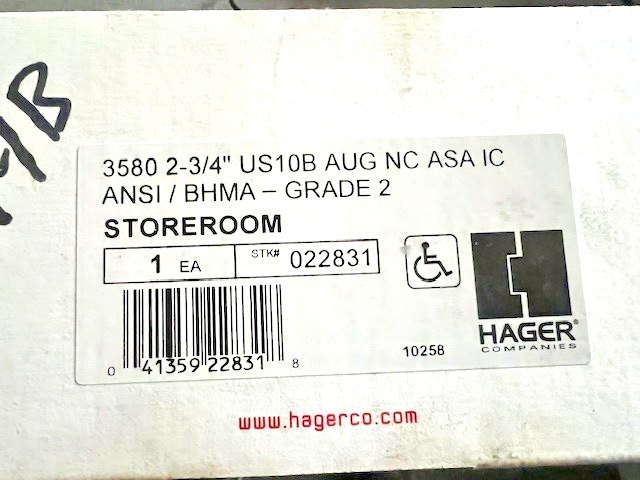 HAGER 3580 US10B AUG NC ASA IC LESS SFIC CORE STOREROOM HAGER 022831