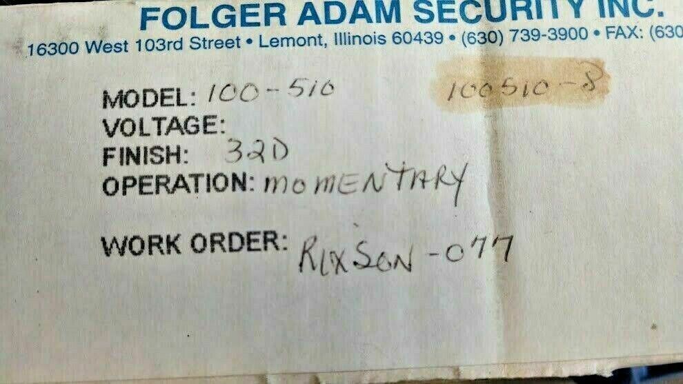 FOLGER ADAM SECURITY MODEL 100-510 MOMENTARY PUSHBUTTON  US32D NOS