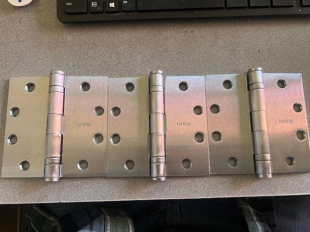 3 EA IVES BALL BEARING 4 1/2  x  4 1/2 INCH HINGES US26D W/ WOOD SCREWS