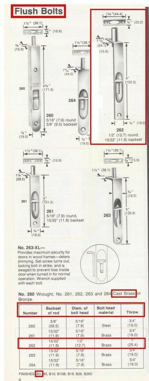 H. B. IVES SP262B3 AKA 262B3 SOLID BRASS FLUSH BOLT  POLISHED BRASS NEW