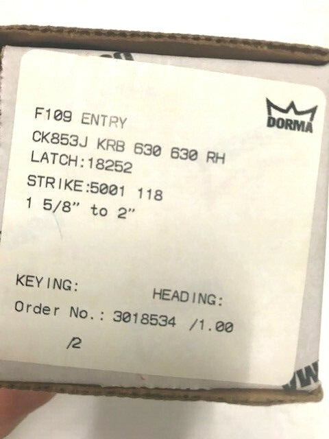 DORMA DOOR CONTROLS Dorma CK853J KRB 630 GRADE 1 ENTRY FOR SFIC LESS CORE