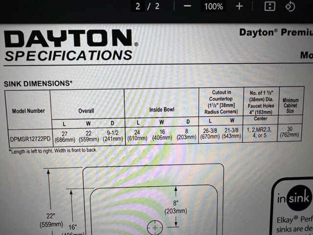 ELKAY DAYTON SINK DPMSR12722PDMR2 PERFECT DRAIN  2 HOLE SS SINK