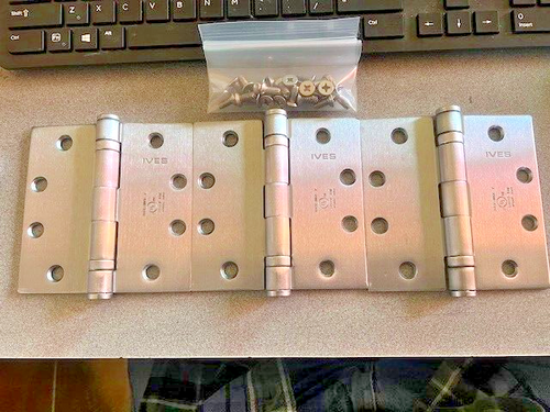 3 EACH IVES  UL BB 4 1/2 X  4 1/2 INCH TEMPLETE HINGES US26D W/ MACHINE SCREWS