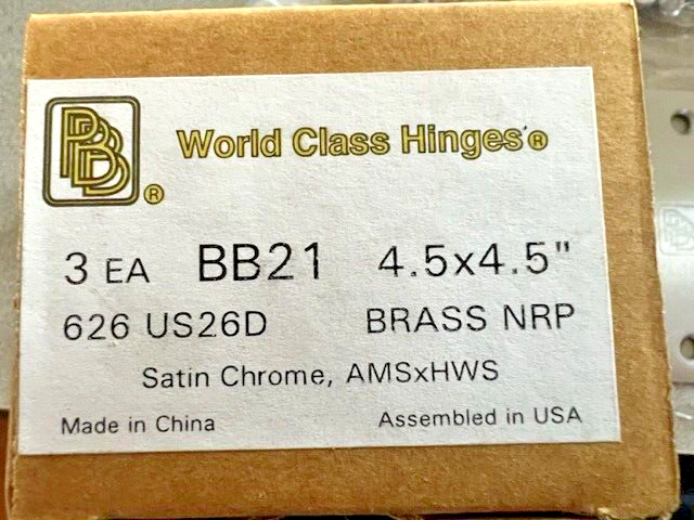 PBB BB21 4-1/2" x 4-1/2" Ball Bearing Hinge  SOLID BRASS SATIN CHROME FINISH
