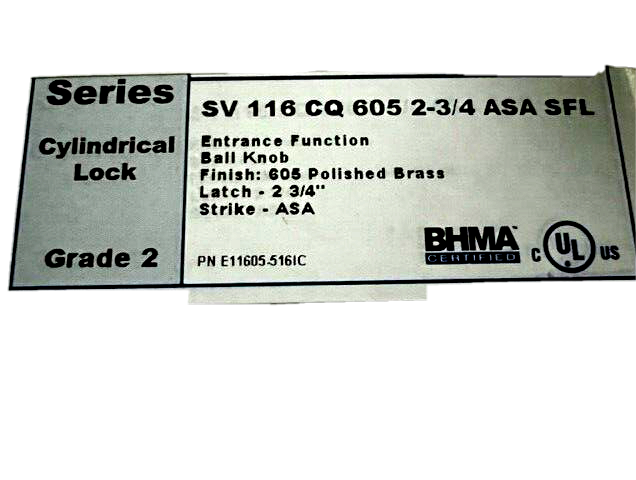 PDQ LOCK ENTRY SV-CQ 116 SFIC US3 2 3/4" BS LESS CORE X ASA POLISHED BRASS