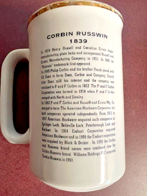 CORBIN RUSSWIN LOCK COFFEE MUG LOCKSPORT COLLECTORS ITEM