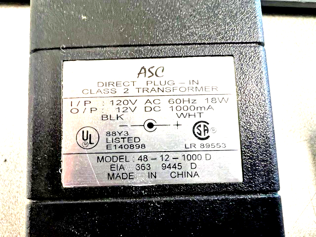 ASC DIRECT PLUG IN CLASS 2 TRANSFORMER 120VAC IN 12VDC 1000 MA OUT
