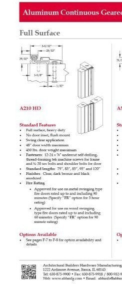 ABH A210HD 83" DUR  Equal to Roton 780-210HD-83-DBA CONTINUOUS HINGE MADE IN USA