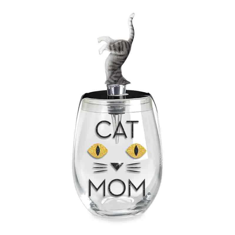 CAT MOM   16 Oz Zinc Stemless Wine Glass Stopper Set  WNT899X3